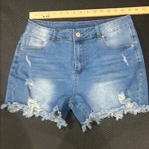 Blue Distressed Jean Shorts with Frayed Hem